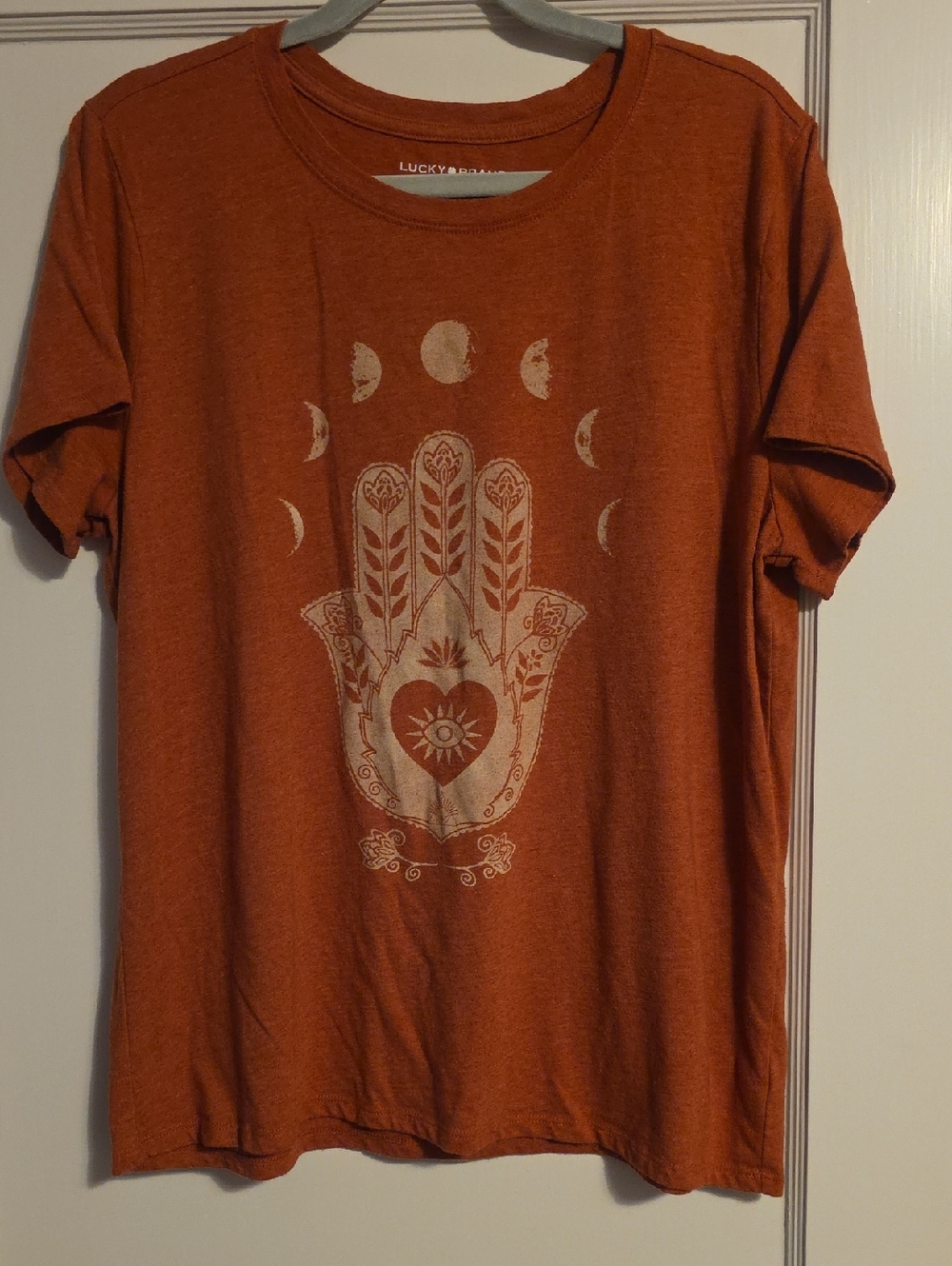 Lucky Brand Burnt Orange Tee with Cream Hamsa Graphic